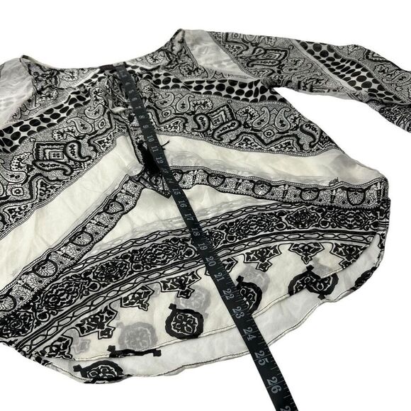 Hale Bob Sz Small Paisley Black & White Print Tassel Tie Front Chiffon Blouse Ov - Picture 7 of 12